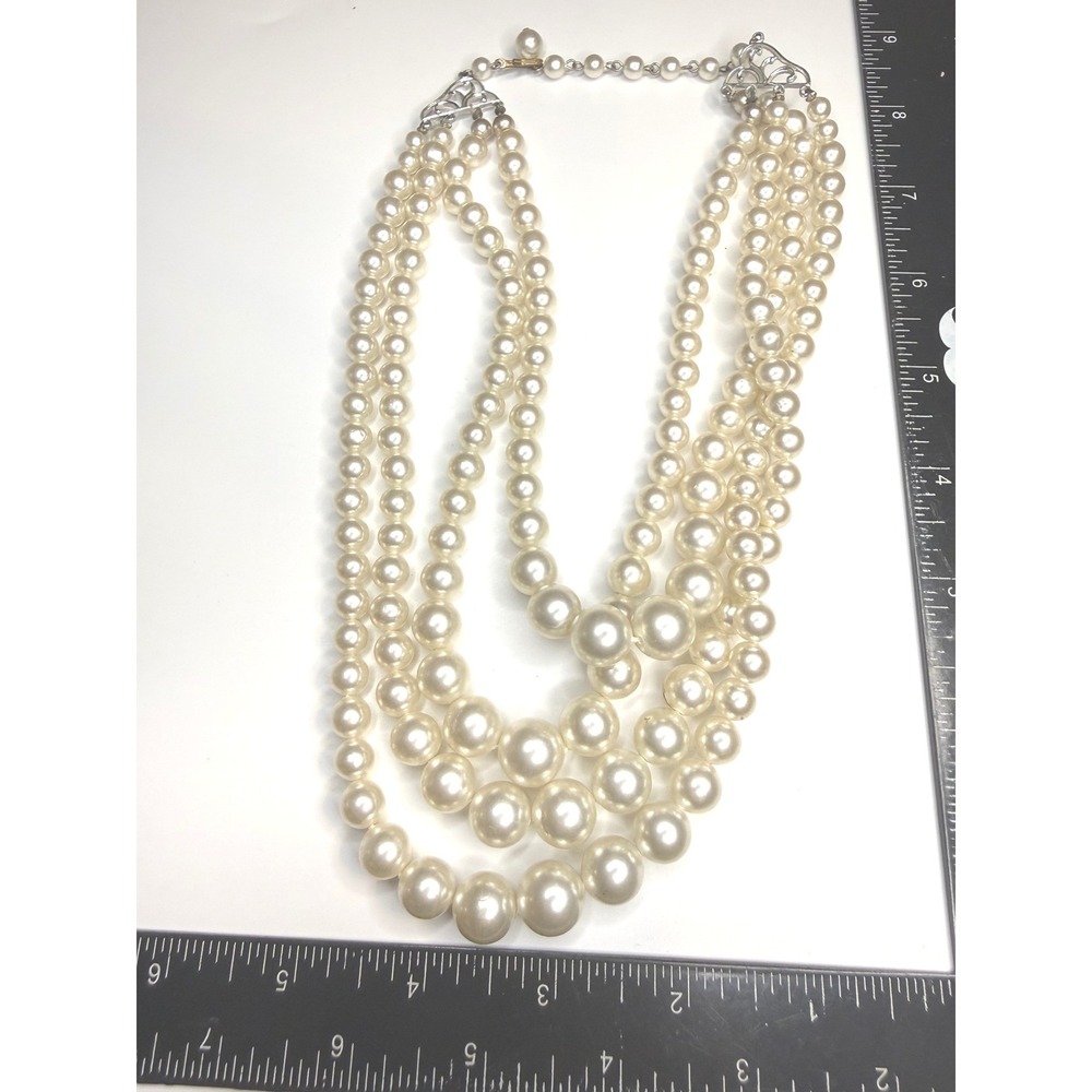 Vintage 3 Strand Faux Pearl Graduated Necklace Cream Silver Filigree Hook Clasp